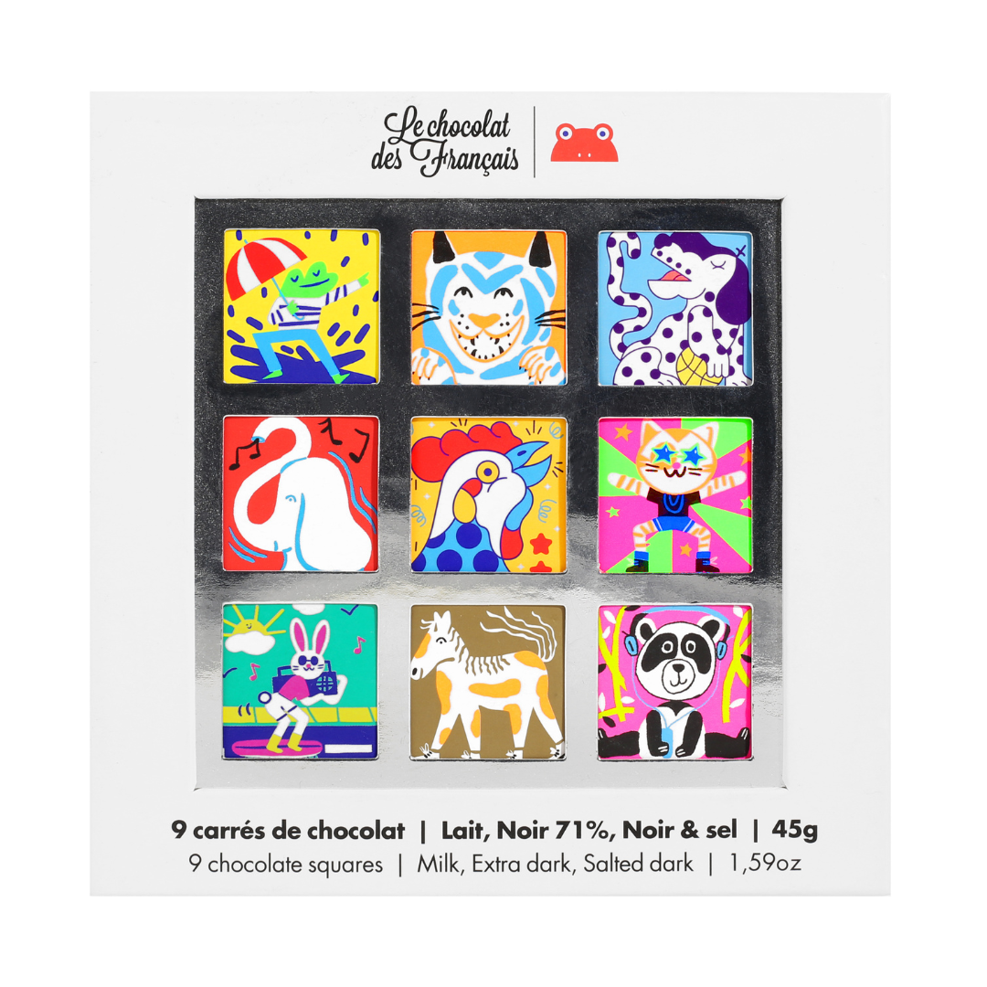 Cofanetto da 9 cioccolatini al latte, fondente, fondente e sale "Animaux"