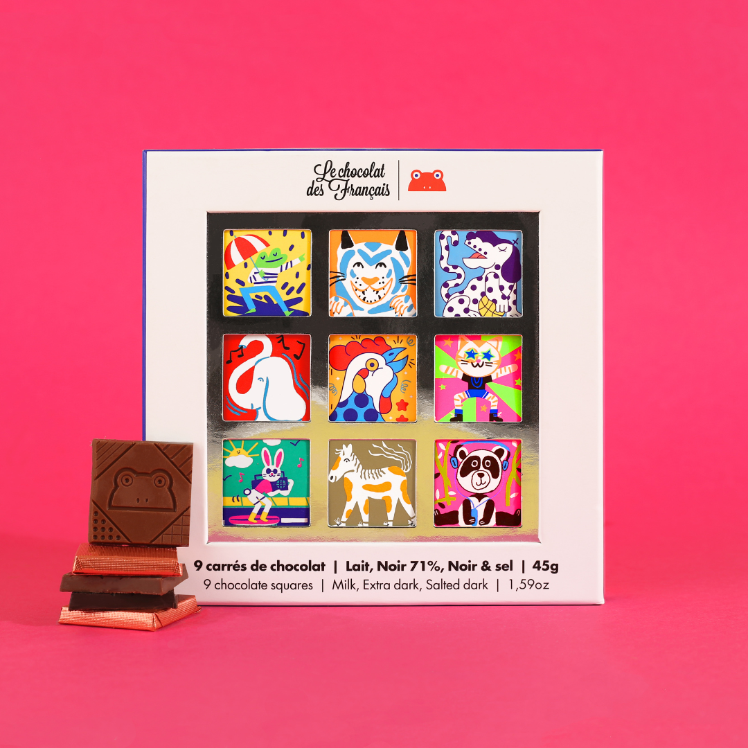 Cofanetto da 9 cioccolatini al latte, fondente, fondente e sale "Animaux"
