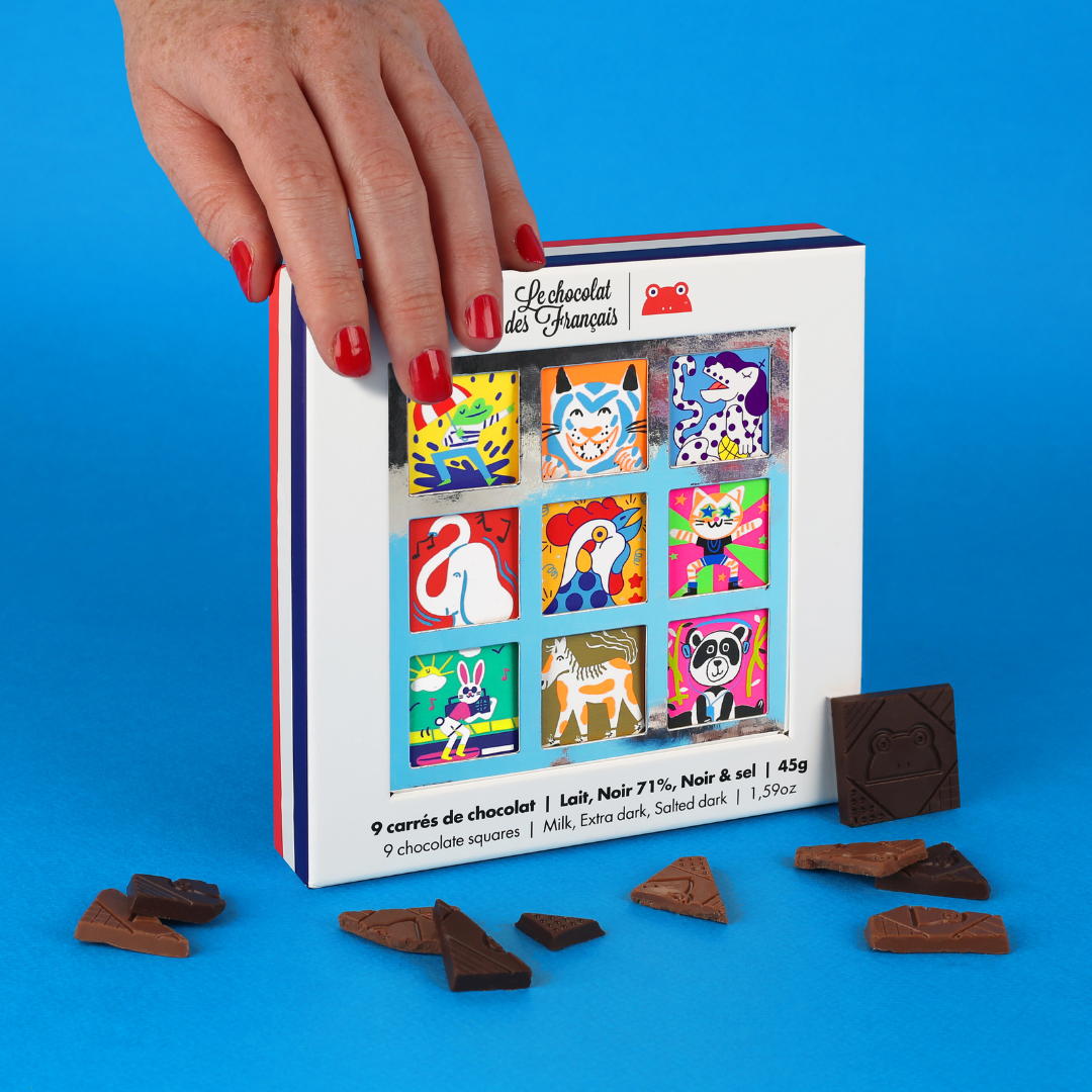 Cofanetto da 9 cioccolatini al latte, fondente, fondente e sale "Animaux"