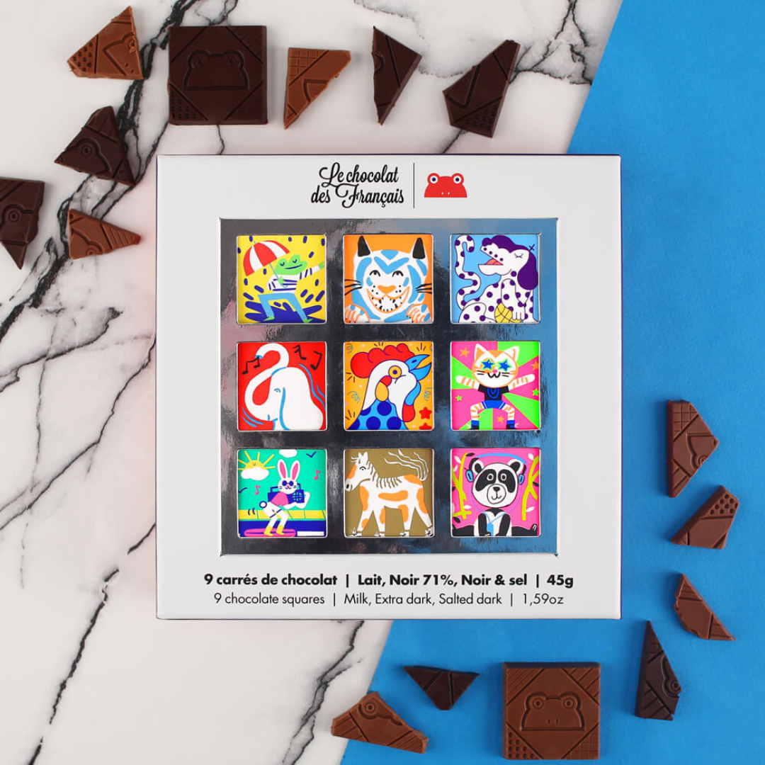 Cofanetto da 9 cioccolatini al latte, fondente, fondente e sale "Animaux"